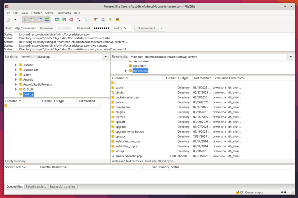 FileZilla UI showing list of files on a server