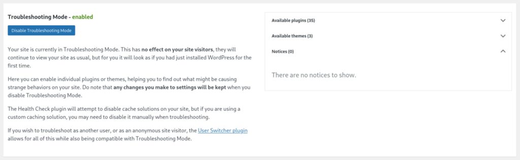 WordPress Troubleshooting Mode enabled screen