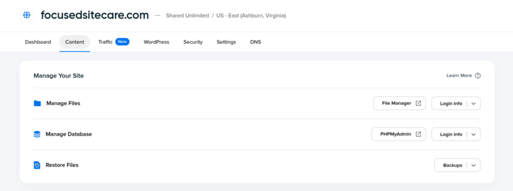 DreamHost website  dashboard options